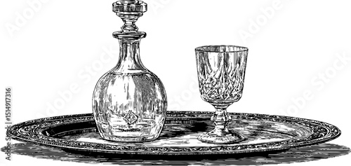 Vintage engraved crystal decanter and glass set on ornate tray