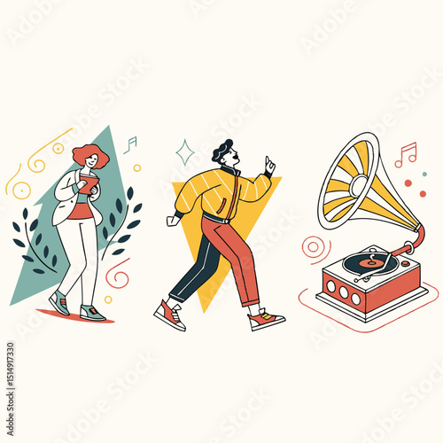 Three illustrations depict people playing instruments and enjoying music from a vintage record player vector design