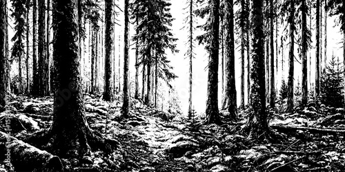 Engraved illustration of a dense forest with tall trees for design and nature projects