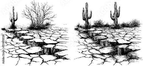 Engraved illustration set of desert dunes and arid landscapes for artistic design