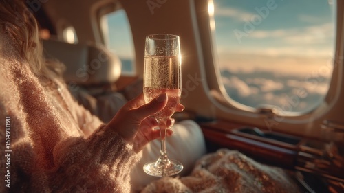 POV angle of woman holding a champaign glass in private jet.