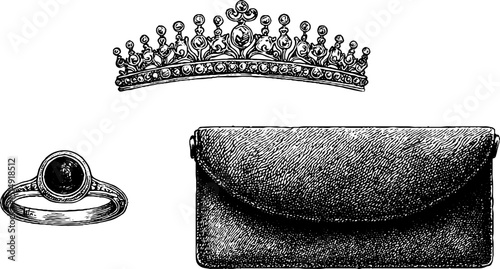 Elegant jewelry and accessories: diamond tiara, emerald ring, and clutch design