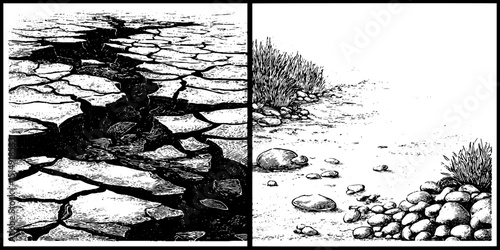Engraved illustration of arid landscapes with cracked earth and sparse vegetation