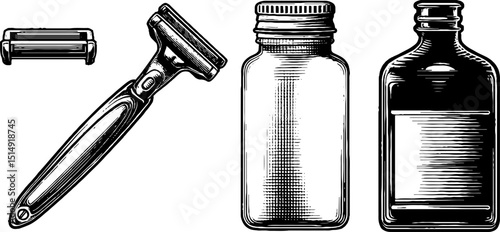 Vintage grooming set with electric razor and shaving bottles engraving