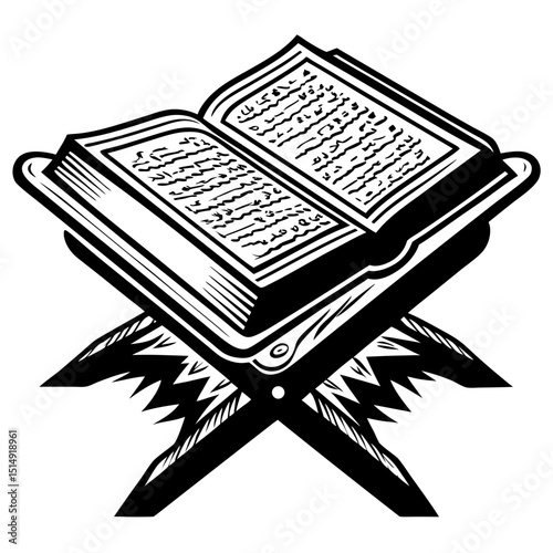 Open quran on a stand black and white illustration