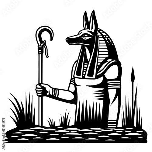 Anubis egyptian god in black and white illustration