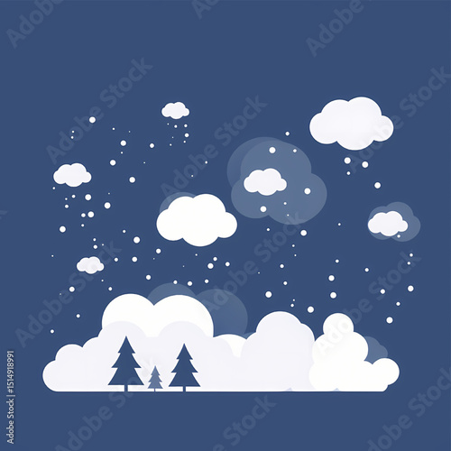 Snowy Winter Landscape: A serene and minimalist illustration of a winter scene, featuring fluffy clouds, falling snowflakes, and silhouetted fir trees against a deep blue sky.