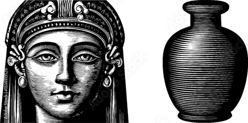 Engraved artistry: ancient face and vase illustration for historical design
