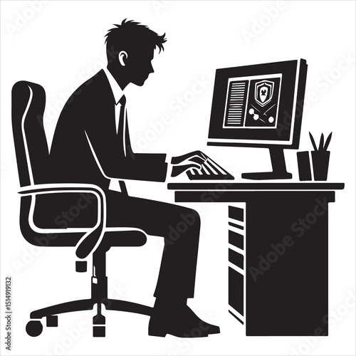 single parson office work on computers clean one  silhouettes  and Graphic, vector black color silhouette 