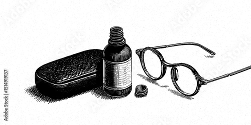 Engraved eye drops bottle and glasses illustration set. Design medical optical vintage detailed monochrome retro drawing sketch classic vision health.