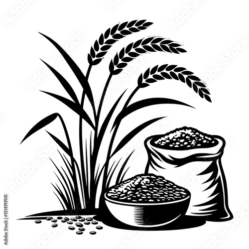 Wheat harvest illustration black and white
