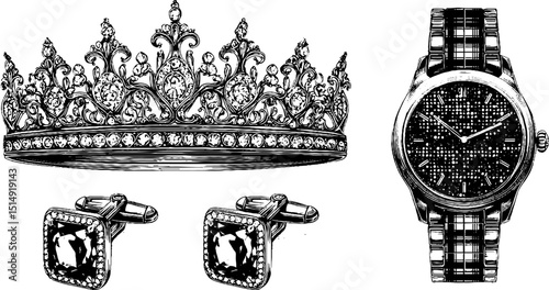 Elegant engraved set: emerald tiara with cufflinks, diamond watch design for luxury fashion
