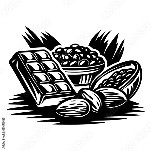 Cocoa beans chocolate almonds graphic illustration