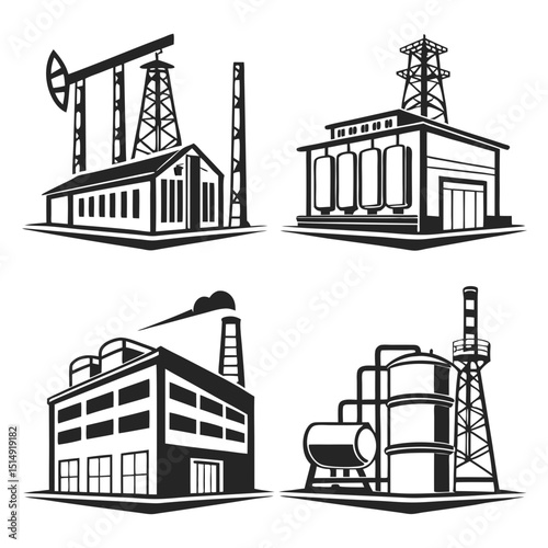 Industrial building icons oil refinery power plant factory