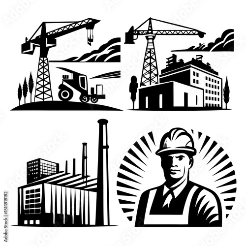 Construction industry icons cranes buildings and worker