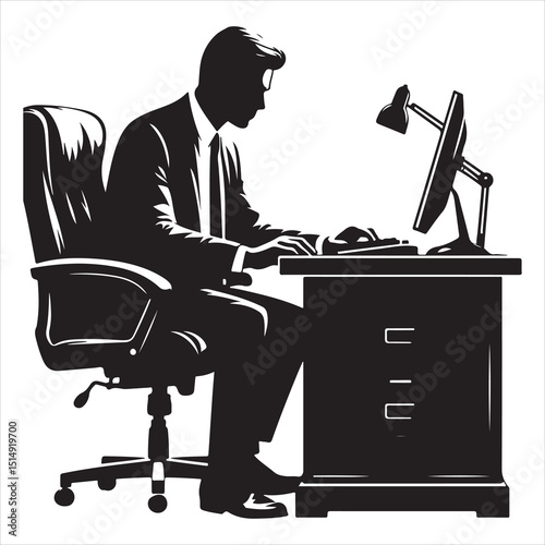 single parson office work on computers clean one  silhouettes  and Graphic, vector black color silhouette 