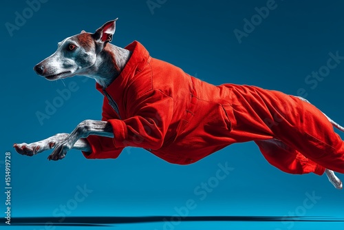 A sleek greyhound in a red racing tracksuit sprinting on solid blue, fast dog, high-performance pet, dynamic motion