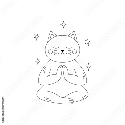 Cat sitting in a meditative pose with its eyes closed and surrounded by  stars