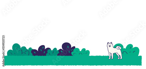 Lawn and white lawn dog. Copy space. Dog run.