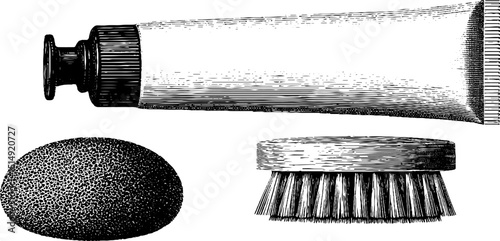 Vintage engraved illustration of foot care products set: cream tube, pumice stone, and brush