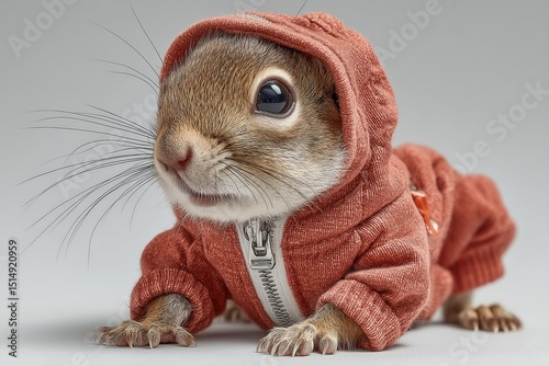 A squirrel in a tiny red tracksuit on solid white, small athlete, high-energy, stock imagery