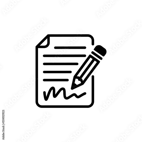 A simple black icon illustrates a pencil poised over a piece of lined paper, suggesting writing or editing