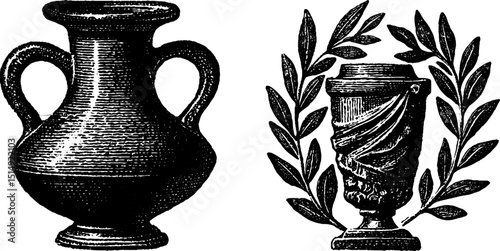 Classical engraved illustration of greek amphora and laurel motif for historical design projects