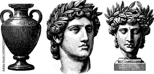 Engraved illustration of greek amphora and laurel adorned busts for artistic design