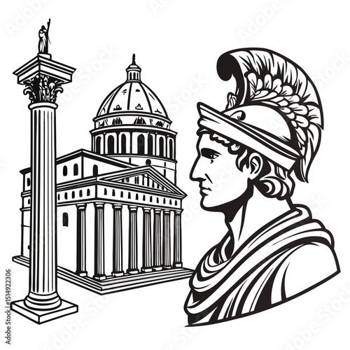 Roman emperor profile with ancient temple and column