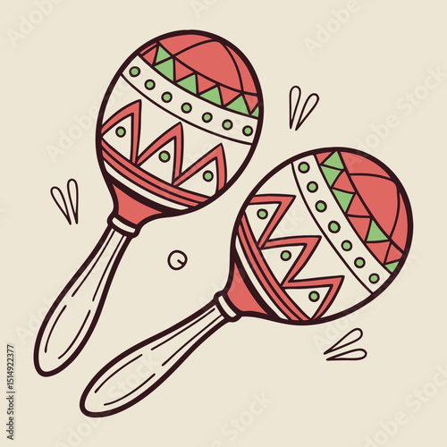 Pair of colorful maracas with aztec design