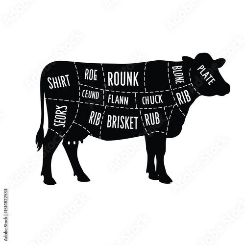 Meat cuts. Diagrams for butcher shop. Scheme of beef. Animal silhouette beef.
