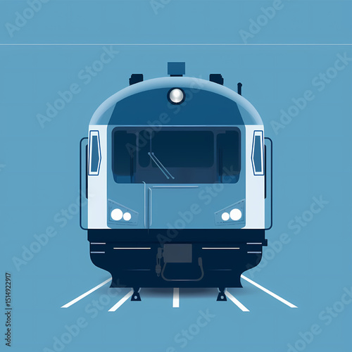Modern Train Illustration: A sleek, frontal perspective of a contemporary train, rendered in clean lines and a modern aesthetic, suggesting efficiency and streamlined transit.