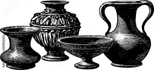 Engraved illustration of greek pottery collection for artistic design