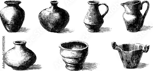Collection of engraved greek pottery with amphora vases and jugs for art and design