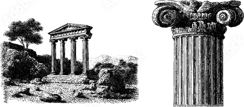 Engraved illustration set of greek temple and doric column architecture