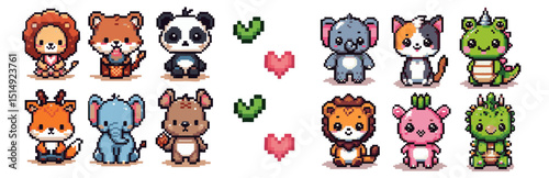 A set of adorable animals with pixel art style