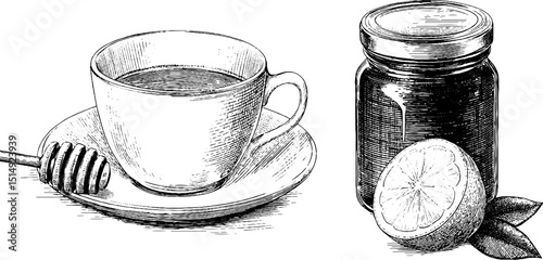 Elegant herbal tea set with honey, jar, and citrus - perfect for culinary and wellness designs