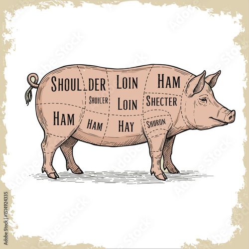 Pig meat body part guide for butcher shop - hand drawn pink farm animal with named pork cut parts.