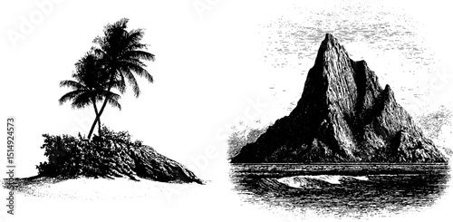 Engraved illustrations of tropical island and mountainous terrain in black and white