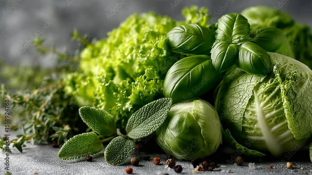 Fresh green vegetables and herbs arranged on a gray background ready to cook