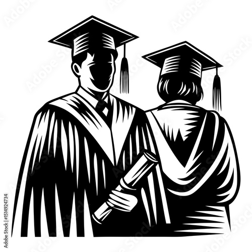 Two graduates in caps and gowns holding diploma