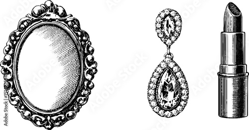 Vintage beauty essentials: engraved mirror, lipstick, and jewelry illustration for design