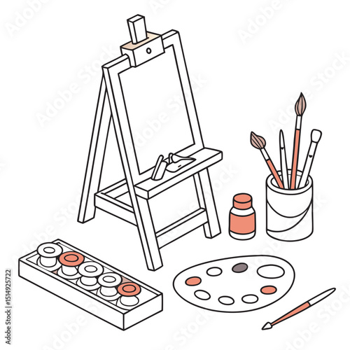 Art supplies on easel paint brushes palette