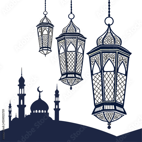 Ornate islamic lanterns hanging over mosque silhouette