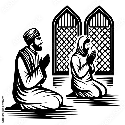 Muslim man and woman praying in mosque