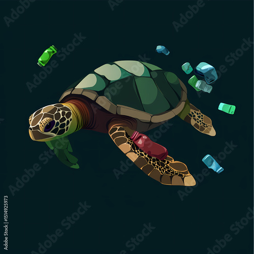 Ocean's Burden: A sea turtle navigates a polluted ocean, its serene journey marred by the presence of plastic debris, a stark reminder of environmental challenges.