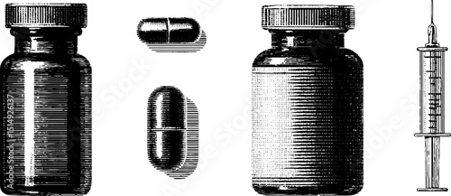 Vintage engraved illustration of medicine bottles, capsules, and syringe for medical design use