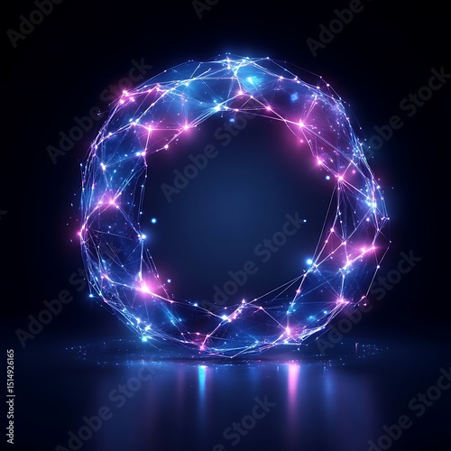 Glowing orb with interconnected nodes, reflecting on dark surface
