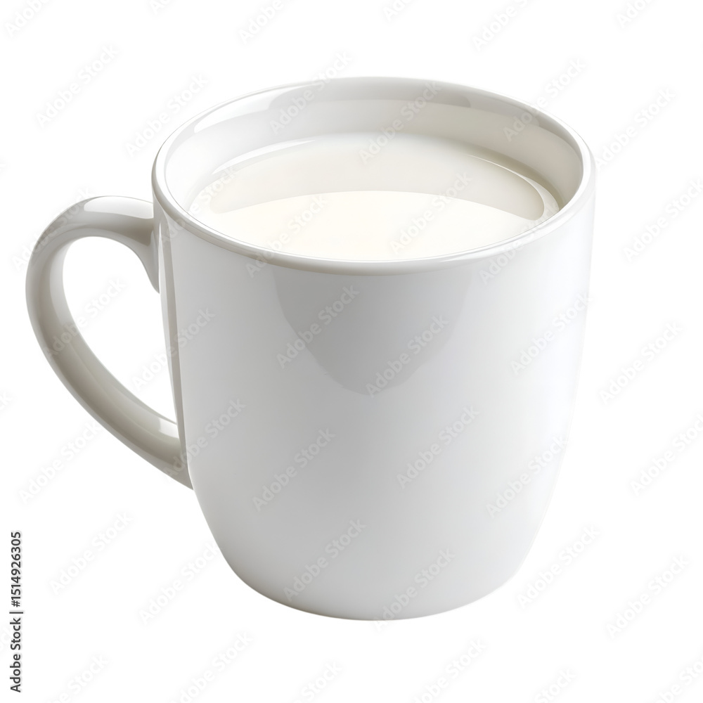 Obraz premium Warm Milk in Mug: A comforting mug of warm milk, perfect for a cozy evening or a relaxing morning. The creamy white milk fills the simple white mug, inviting and serene.