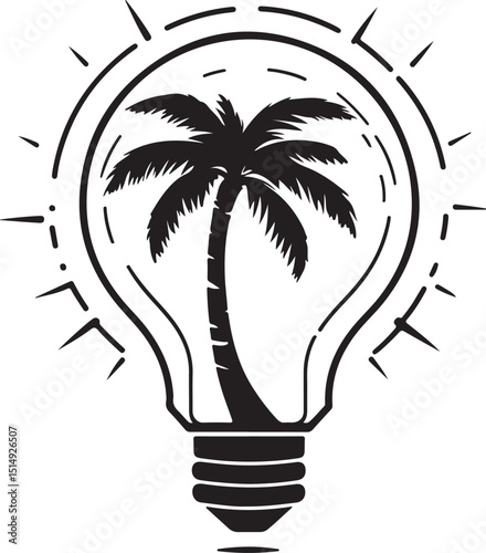 Black outline vector illustration of a palm tree enclosed in a light bulb, clean and modern on white.

